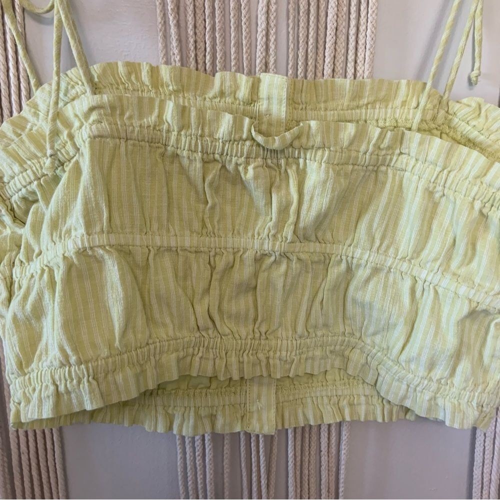 AERIE Woven Front Smocked Button 100% Cotton Tank Yellow Stripe Tie Strap Medium - Picture 9 of 12